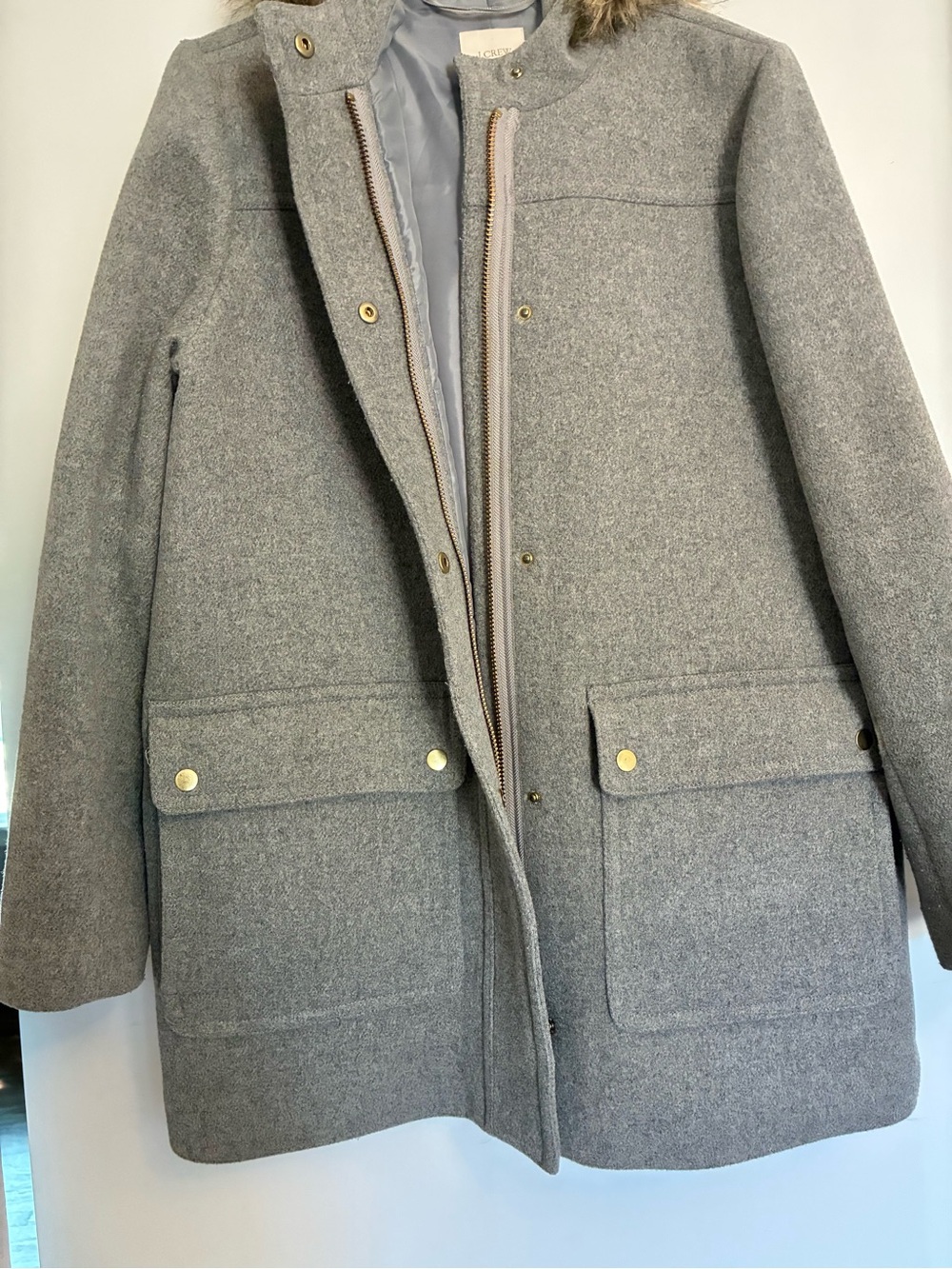 J. CREW Wool Stadium Coat Size 12 Grey Hooded - Picture 2 of 11